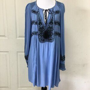 Free People Women's Long Sleeve Blue Boho Tunic Top Size Small Embroidered